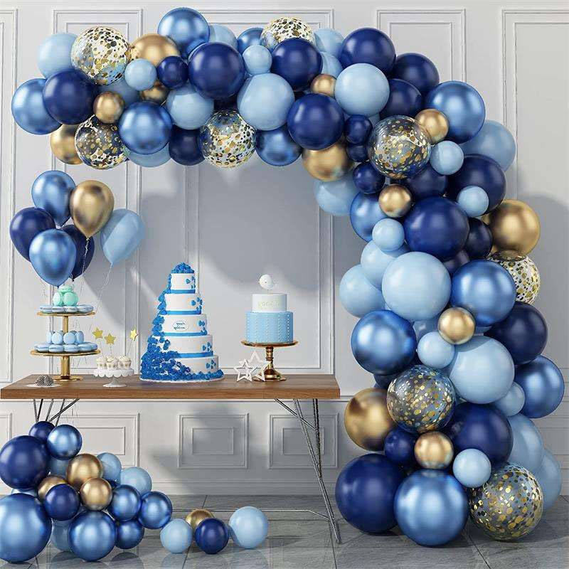 Blauwe metallic ballonnen slinger gouden confetti ballonboog